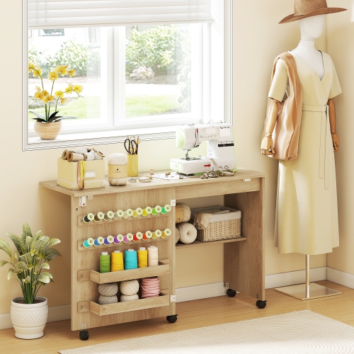 HOMCOM Folding Sewing Table, Rolling Craft Table with Magnetic Barn Door, 2 Bins, Storage Shelf, 18 Pegs, Lockable Wheels, Sewing Machine Cabinet for