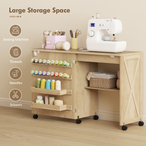 HOMCOM Folding Sewing Table, Rolling Craft Table with Magnetic Barn Door, 2 Bins, Storage Shelf, 18 Pegs, Lockable Wheels, Sewing Machine Cabinet for