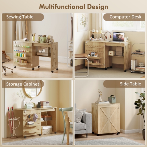 HOMCOM Folding Sewing Table, Rolling Craft Table with Magnetic Barn Door, 2 Bins, Storage Shelf, 18 Pegs, Lockable Wheels, Sewing Machine Cabinet for