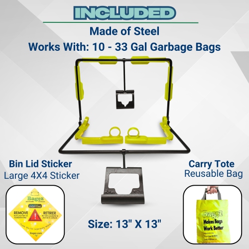 BagEZ Medium Garbage Can Bag Holder, 13x13 Inch, Fits 25–96 Gallon Bins, Compatible with 10–33 Gallon Liners, Prevents Waste Contact, for Bins with