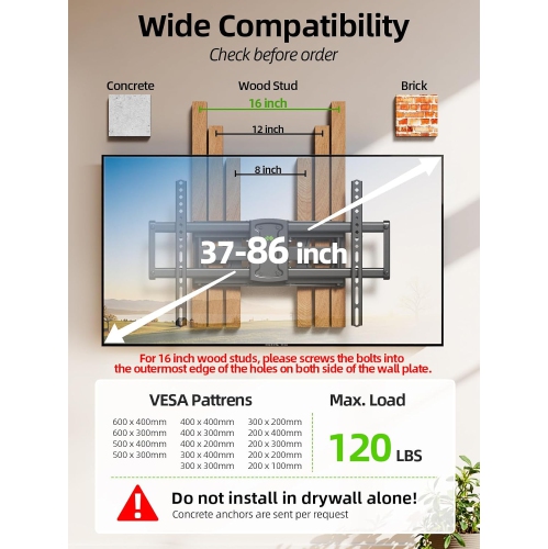 USX MOUNT TV Wall Mount for Most 37-86 inch TVs Hold up to 120lbs, Full Motion Swivel and Tilt, TV Mount with Dual Articulating Arms Extension Max