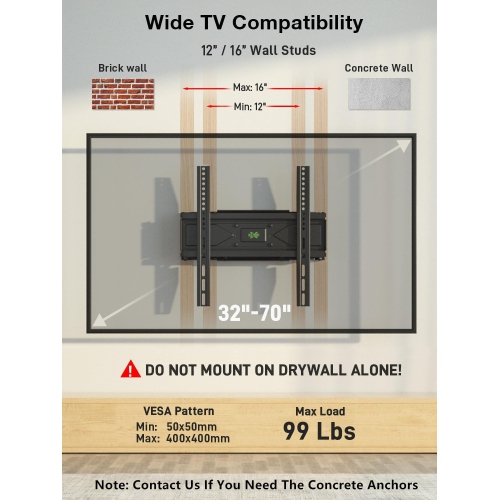 USX MOUNT Full Motion TV Wall Mount for Most 32-70 inch TVs up to 99 Lbs, Wall Mount TV Bracket with Articulating Swivel Tilting, TV Mount Fit 12"