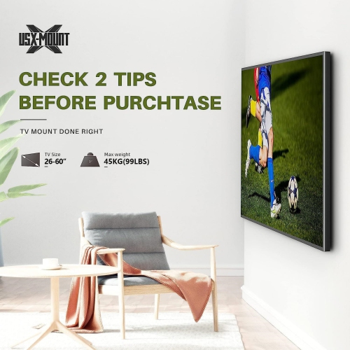 USX MOUNT Fixed TV Wall Mount with Low Profile for Most 26-60" Flat Screen TVs, Wall Mount TV Bracket with VESA Up to 400x400mm and 99lbs Loading, TV