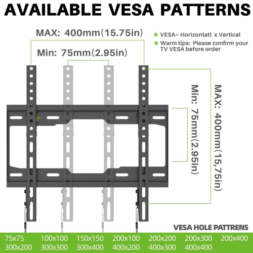 USX MOUNT Fixed TV Wall Mount with Low Profile for Most 26-60" Flat Screen TVs, Wall Mount TV Bracket with VESA Up to 400x400mm and 99lbs Loading, TV