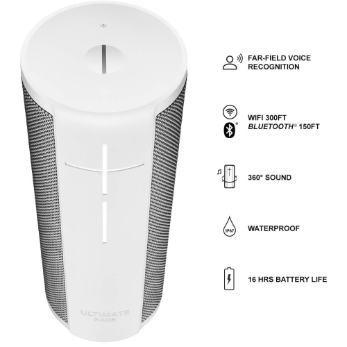 Remis à neuf - Haut-parleur portatif Wi-Fi/Bluetooth MEGABLAST d'Ultimate Ears avec commande vocale mains libres Alexa d'Amazon (étanche) - Blizzard