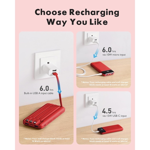 10000mAh Power Bank with LCD Display with Built-In Cables – 6 Outputs, 3 Inputs, 3A Fast Charging Power Bank for Samsung, Google Pixel and More