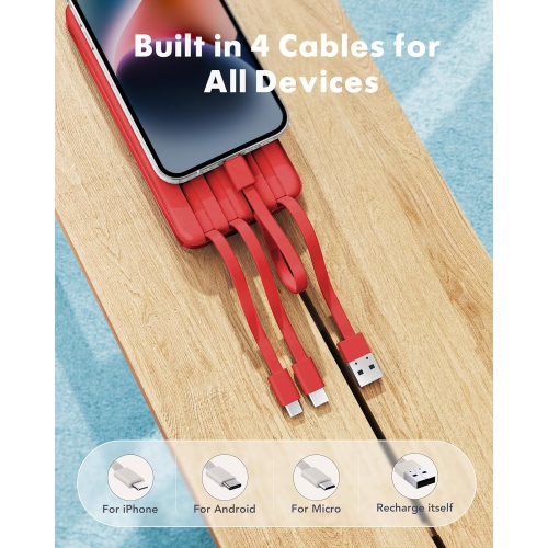 10000mAh Power Bank with LCD Display with Built-In Cables – 6 Outputs, 3 Inputs, 3A Fast Charging Power Bank for Samsung, Google Pixel and More