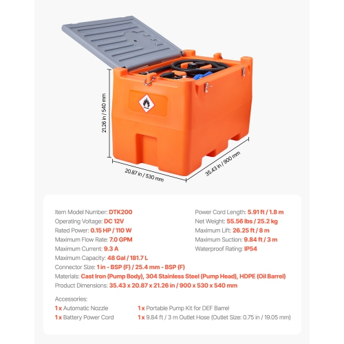 VEVOR 12V DEF Transfer Pump Kit,7 GPM,Diaphragm Irrigation Self Priming Electric Water Pump,with 48 Gallon Tank,Automatic Nozzle,9.84 ft Hose,26.25