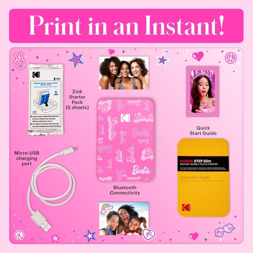 KODAK Barbie x Step Slim Wireless Instant Portable Photo Mobile Printer – Full Color Prints in Zink 2x3” Sticky-Backed Photos from iOS & Android