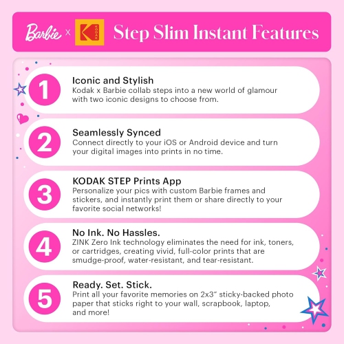 KODAK Barbie x Step Slim Wireless Instant Portable Photo Mobile Printer – Full Color Prints in Zink 2x3” Sticky-Backed Photos from iOS & Android