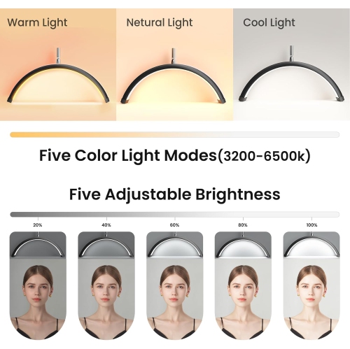 Lash Light Mznoo, demi-lune avec plateau à outils, lampadaire LED avec modes de couleur réglables et col de cygne flexible