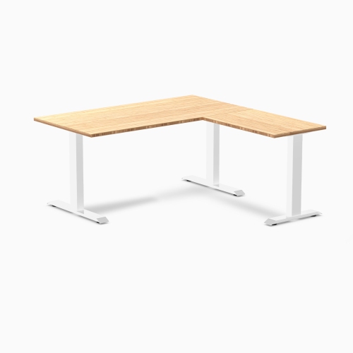 Desky Zero Bamboo L-Shape Office Desk – Dark Bamboo 60 in With White Frame, Fixed Ergonomic Height