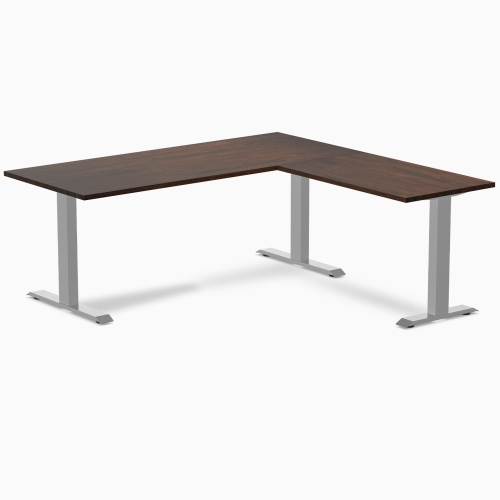 DESKY  Zero Rubberwood L-Shape Office Desk - Dark Walnut 72" With Frame, Fixed Height, Solid Wood Top In Grey