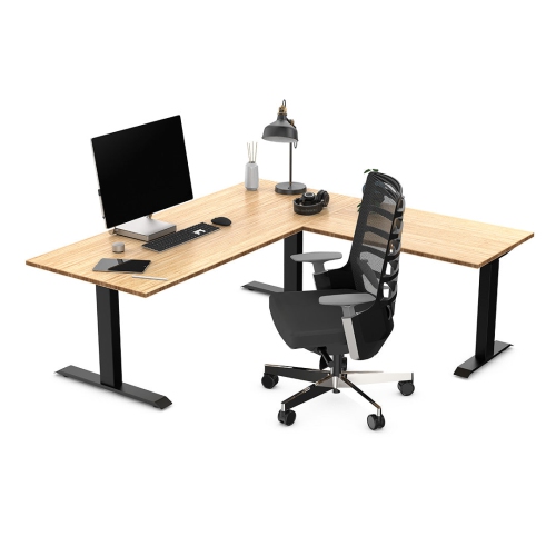 Desky Zero Bamboo L-Shape Office Desk – Bamboo 72 in With Space Grey Frame, Fixed Ergonomic Height