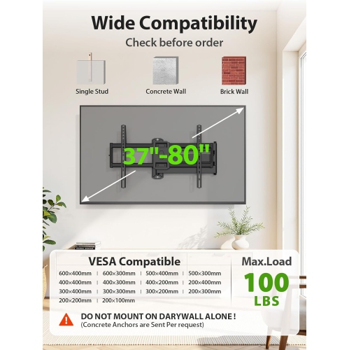 USX MOUNT Full Motion Long Arm TV Wall Mount for Most 37-80 Inch TVs up to 100 Lbs, Smooth Motion Swivel and Tilt TV Bracket, 32.05 Inch Extension,