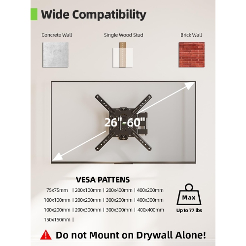 USX MOUNT Full Motion TV Wall Mount for Most 26-60 inch TV, Universal TV Mount Bracket Tilt Swivel Articulating Support TV up to 77 lbs, Max VESA