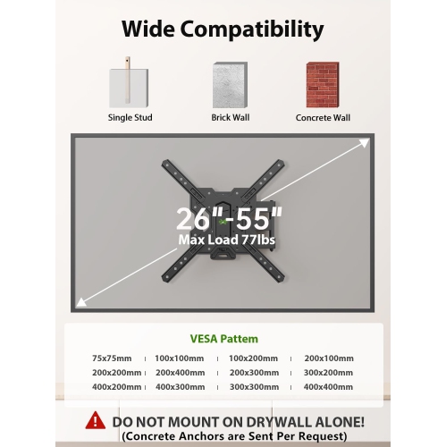 USX MOUNT Full Motion TV Wall Mount for 26-55 Inch TVs up to 77 Lbs, Articulating TV Mount with Perfect Center Design, Single Stud Wall Mount TV