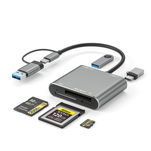 Lecteur de cartes multifonction USB 3.0 prenant en charge les cartes TF/SD/XQD Station d'extension 5-en-1 Lecture de cartes haute vitesse Station
