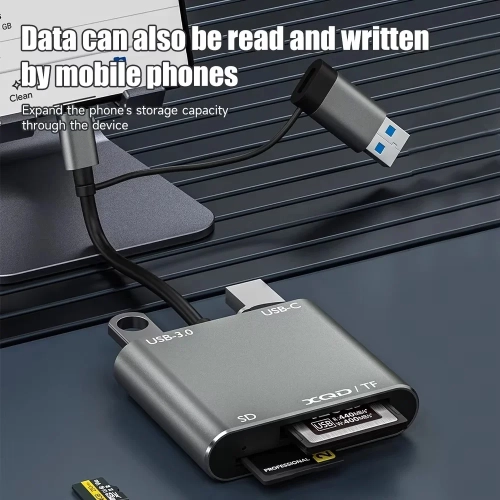 Lecteur de cartes multifonction USB 3.0 prenant en charge les cartes TF/SD/XQD Station d'extension 5-en-1 Lecture de cartes haute vitesse Station