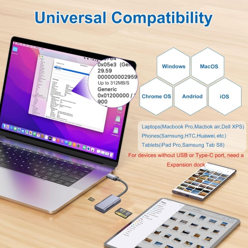 Adaptateur de lecteur de carte de type C 2-en-1 USB 3.0 TF/SD double lecture, carte de stockage multi-fonctions haute vitesse, interface USB