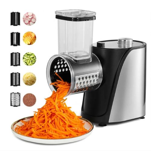 Râpe électrique à Fromage 250 W - 5 Lames Inox Amovibles - Coupe Légumes, Fruits, Noix - Commande Une Touche