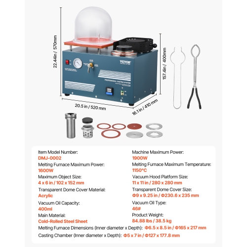 VEVOR Vacuum Investing Casting Machine with Melting Furnace, Convenient Oil Injection Port,All-in-One Machine for Casting Jewelry and Melting Scrap,