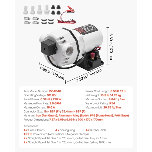 VEVOR DEF Transfer Pump, 9 GPM, Diaphragm Irrigation Self Priming Electric Water Pump for Diesel Exhaust Fluid Automotive Urea Oil, DC 12V, 230W,