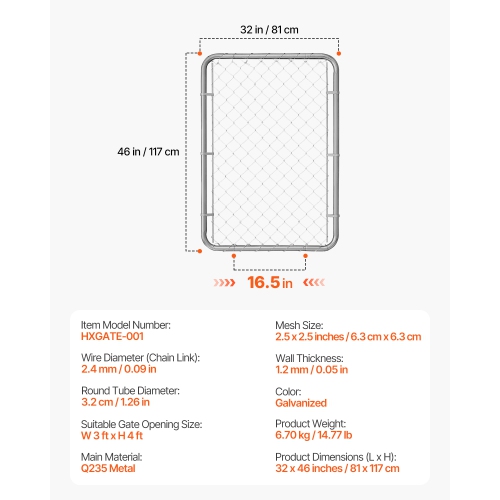 VEVOR 32 x 46 in Chain Link Fence Gate, Adjustable Chain Link Fence Panel, Fit 2-6 ft x 4 ft (H) Garden Fence Gate, Outdoor Yard Gate, Rust-Resistant