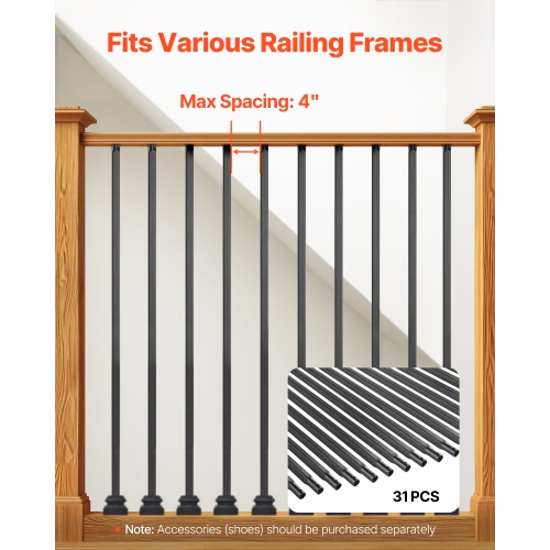 VEVOR 31 Pack Staircase Balusters , 44 Inch Durable Carbon Steel Stair Balusters, 0.5 Inch Indoor Square Metal Spindle Railing, Corrosion-Proof