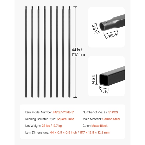 VEVOR 31 Pack Staircase Balusters , 44 Inch Durable Carbon Steel Stair Balusters, 0.5 Inch Indoor Square Metal Spindle Railing, Corrosion-Proof