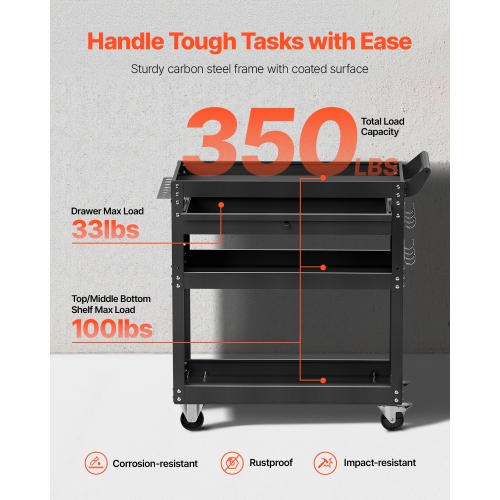 VEVOR 4-Tier Tool Cart with Wheels, 350 lbs Load Capacity, Rolling Work Cart with Drawer & Pegboard, Mechanic Tool Storage Organizer with Locking