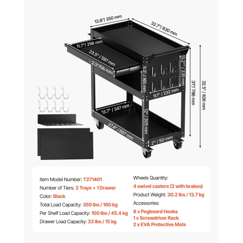 VEVOR 4-Tier Tool Cart with Wheels, 350 lbs Load Capacity, Rolling Work Cart with Drawer & Pegboard, Mechanic Tool Storage Organizer with Locking