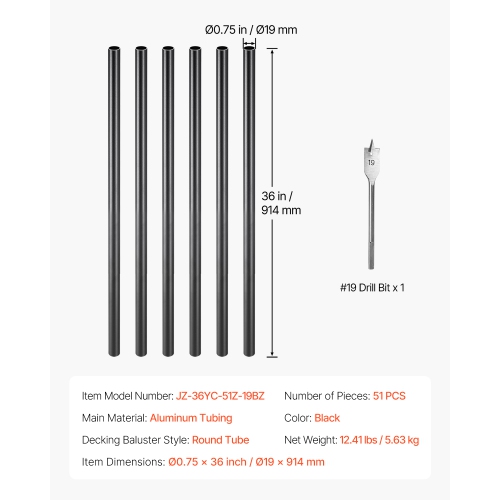 VEVOR 51 Pack Staircase Balusters,36 In Aluminum Stair Balusters, 3/4 In Rainwater-Proof Round Metal Spindle Railing, Durable Hollow Deck Railing
