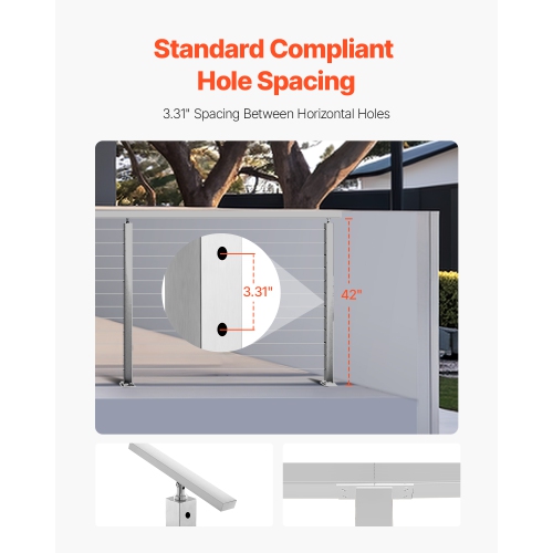 VEVOR 42x2x2 Inch Cable Railing Post, Level Deck Stair Posts, 1-Pack Stainless Steel Cable Handrail Post, Pre-Drilled Pickets with Mounting Bracket