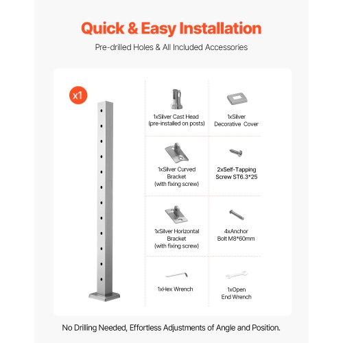VEVOR 42x2x2 Inch Cable Railing Post, Level Deck Stair Posts, 1-Pack Stainless Steel Cable Handrail Post, Pre-Drilled Pickets with Mounting Bracket