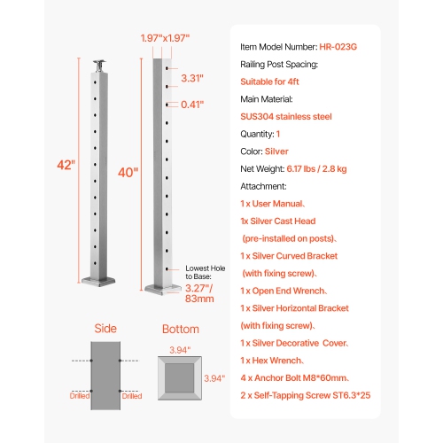 VEVOR 42x2x2 Inch Cable Railing Post, Level Deck Stair Posts, 1-Pack Stainless Steel Cable Handrail Post, Pre-Drilled Pickets with Mounting Bracket