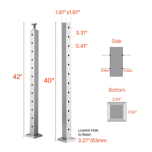 VEVOR 42x2x2 Inch Cable Railing Post, Level Deck Stair Posts, 1-Pack Stainless Steel Cable Handrail Post, Pre-Drilled Pickets with Mounting Bracket