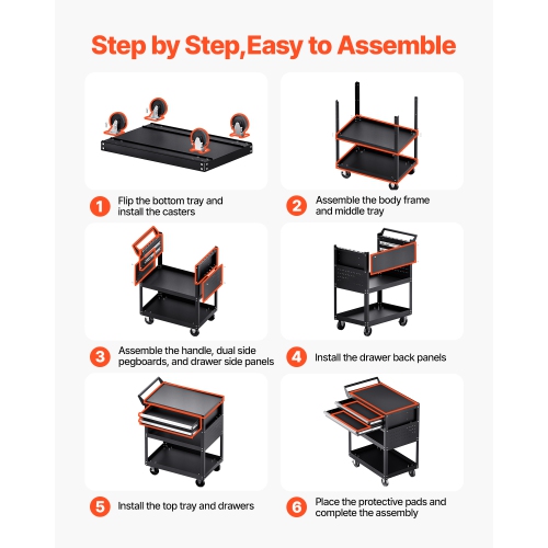 VEVOR 5-Tier Tool Cart with Wheels, 400 lbs Load Capacity, Rolling Work Cart with 2 Drawers & Pegboard, Mechanic Tool Storage Organizer with Locking