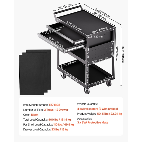 VEVOR 5-Tier Tool Cart with Wheels, 400 lbs Load Capacity, Rolling Work Cart with 2 Drawers & Pegboard, Mechanic Tool Storage Organizer with Locking