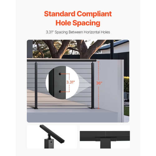 VEVOR 4-Pack Cable Railing Post, 36x1x2 In Horizontal-Hole Deck Railing Post with Pre-Drilled Holes, Stainless Steel Cable Rail Post with Horizontal