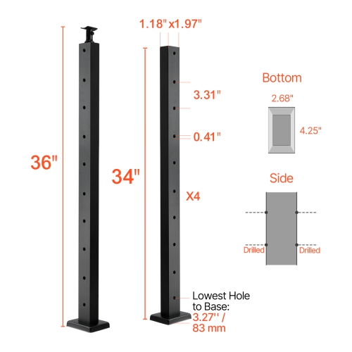 VEVOR 4-Pack Cable Railing Post, 36x1x2 In Horizontal-Hole Deck Railing Post with Pre-Drilled Holes, Stainless Steel Cable Rail Post with Horizontal