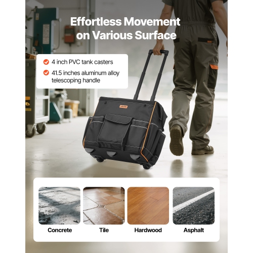 Sac à outils à roulettes VEVOR, capacité de charge 110 lb, sac à outils à roulettes robuste à 25 pochettes avec poignée télescopique réglable et