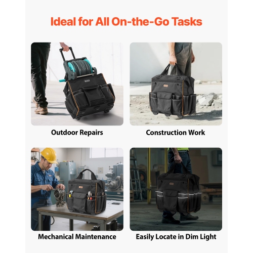 Sac à outils à roulettes VEVOR, capacité de charge 110 lb, sac à outils à roulettes robuste à 25 pochettes avec poignée télescopique réglable et