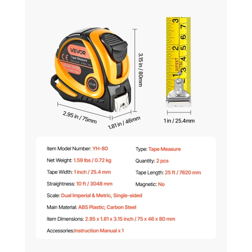 VEVOR 25 ft Length 2 Packs Tape Measure, Measuring Tape with Retractable, Imperial and Metric ft/m Dual-Scale & ABS Case & Easy Read Steel