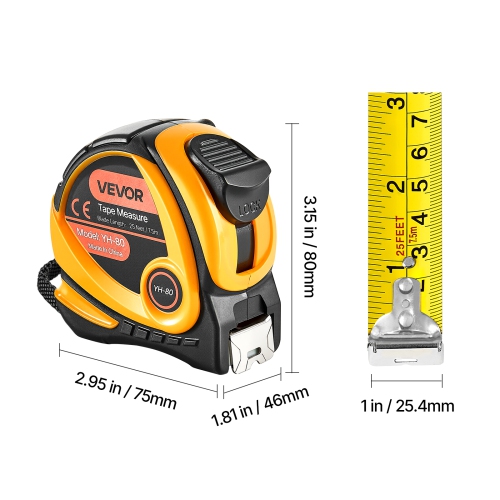 VEVOR 25 ft Length 2 Packs Tape Measure, Measuring Tape with Retractable, Imperial and Metric ft/m Dual-Scale & ABS Case & Easy Read Steel