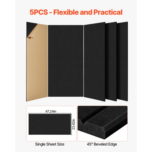 VEVOR 5 Pack 47.2 x 23.6 x 0.4 inch Acoustic Panels with Self Adhesive, Sound Proof Foam Panels, Polyester Fiber Soundproof Wall Panels High Density,