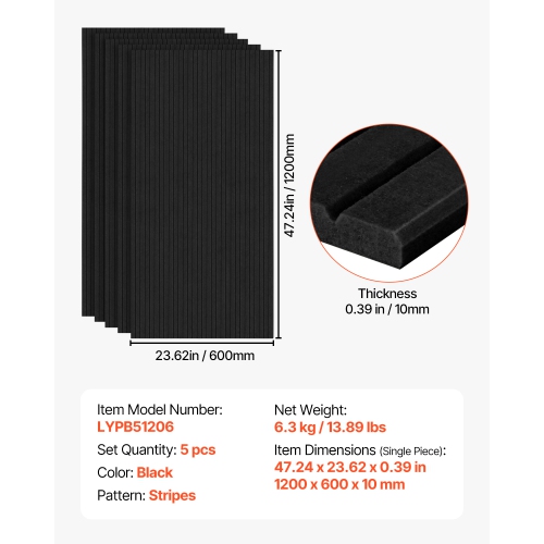 VEVOR 5 Pack 47.2 x 23.6 x 0.4 inch Acoustic Panels with Self Adhesive, Sound Proof Foam Panels, Polyester Fiber Soundproof Wall Panels High Density,