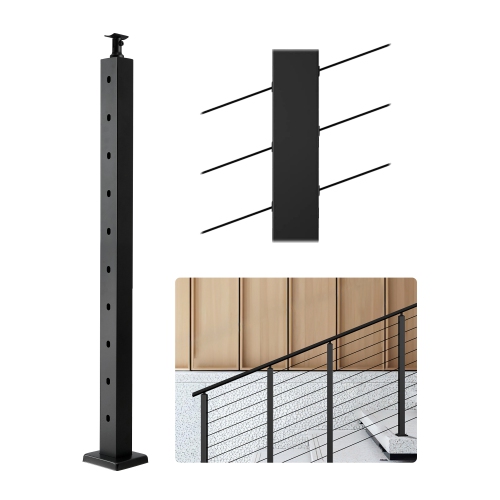 VEVOR Cable Railing Post, 36x2x2 Inch Stair Railing Post, with Pre-Drilled 30° Angled Holes, Stainless Steel Cable Rail Post, 1-Pack, Black,