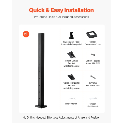 VEVOR Cable Railing Post, 36x2x2 Inch Stair Railing Post, with Pre-Drilled 30° Angled Holes, Stainless Steel Cable Rail Post, 1-Pack, Black,