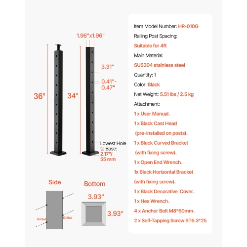 VEVOR Cable Railing Post, 36x2x2 Inch Stair Railing Post, with Pre-Drilled 30° Angled Holes, Stainless Steel Cable Rail Post, 1-Pack, Black,
